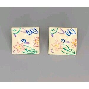 Vtg 80s Hand Painted Stud Pierced Earrings Floral Scene Geometric Punk